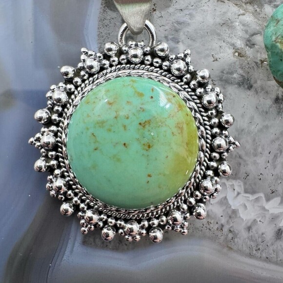 Sterling Southwestern Style Round Green Turquoise Decorated Pendant For Women - Picture 5 of 10